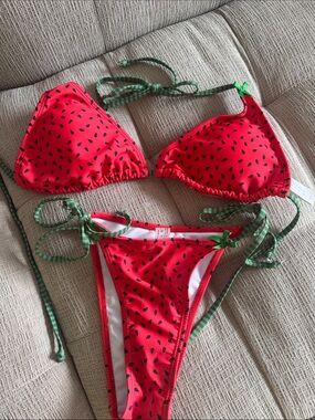 Red Watermelon Print Triangle Bikini with Green Ties